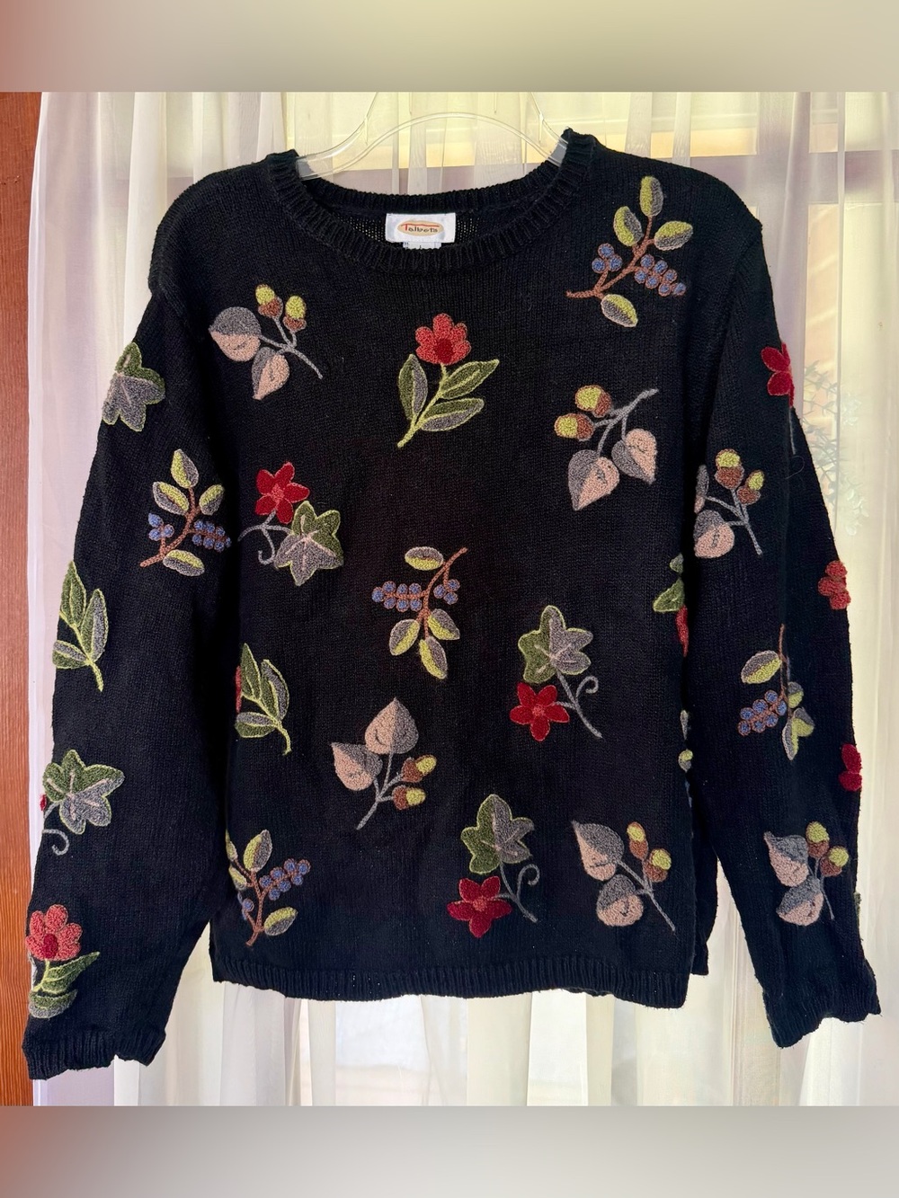 Talbots Fall Black Floral Knit Sweater with Embroidered Flowers